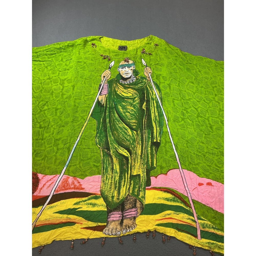 Meetu Magic Kaftan Dress Womens 1X‎ Green African Scene Beaded Batik Graphic